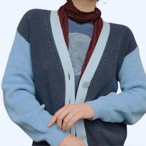 Women's Blue Pima Cotton Color Block Cardigan